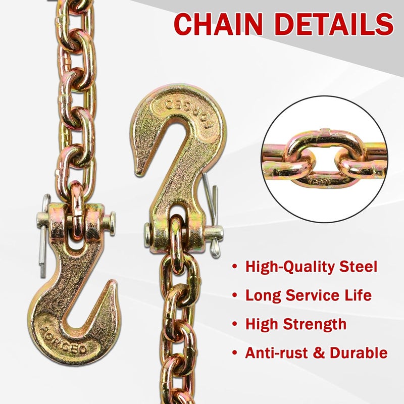 BIGREAT سلسلة ربط نقل ثقيلة G80 1/4 بوصة × 16 قدم، سلسلة سحب مع خطافات جاب G70، قدرة تحميل آمنة 3300 رطل لسلسلة النقل، السحب (1/4 بوصة × 16 قدم أصفر). - Image 4